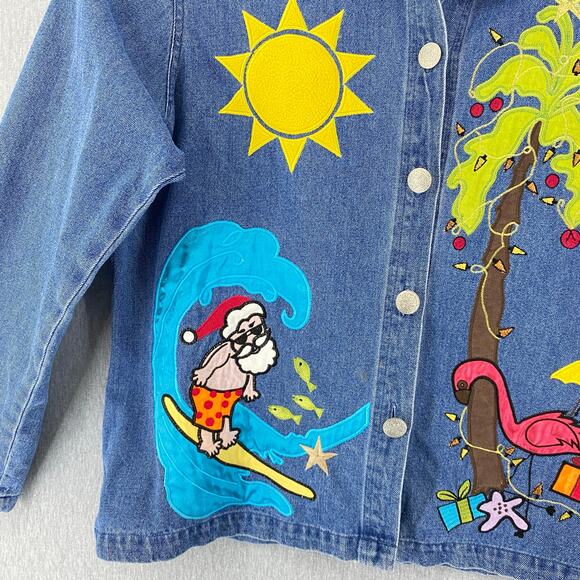 Vintage Tantrums Denim Jacket‎ XL Embroidered Christmas Santa Flamingo Palm Tree - Picture 5 of 7
